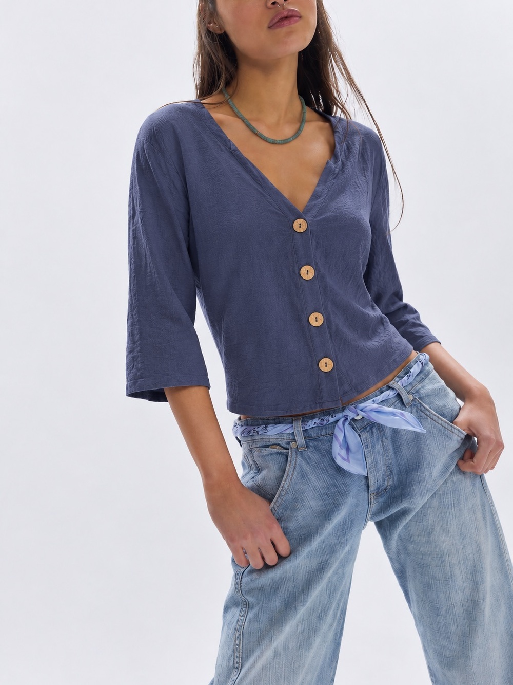 318. SHEIN Navy Button-Front V-Neck Cropped Blouse